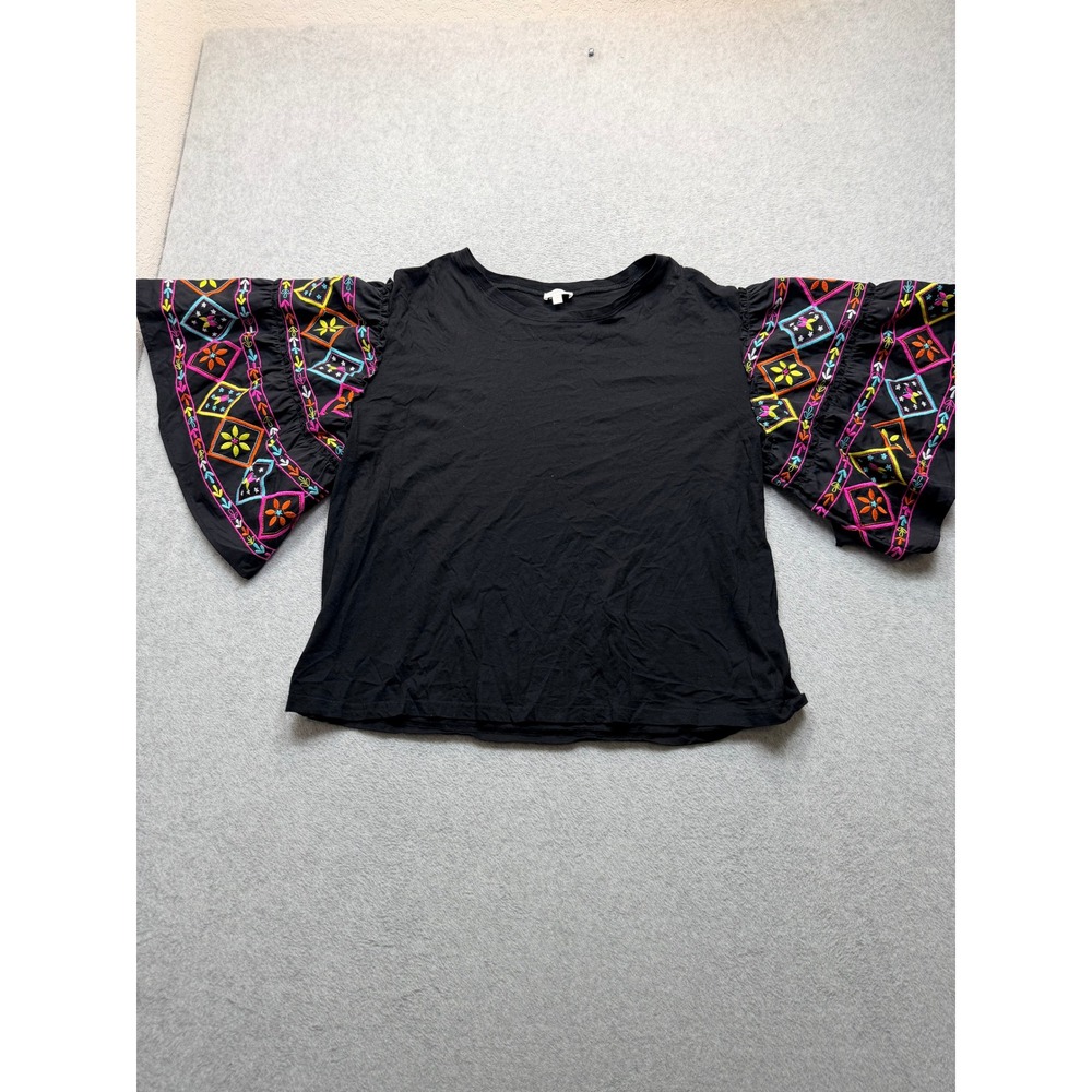 ODDI Black Embroidered Bell Sleeve Top 3XL Boho Tiered Flutter Sleeve Blouse